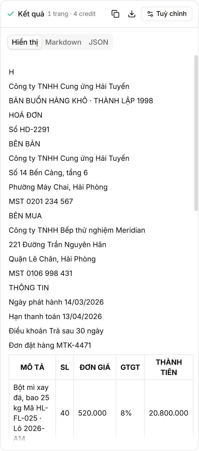Khung kết quả của OneKit hiển thị hoá đơn đã trích xuất dưới dạng Markdown, giữ nguyên thông tin nhà cung cấp và bảng dòng hàng.