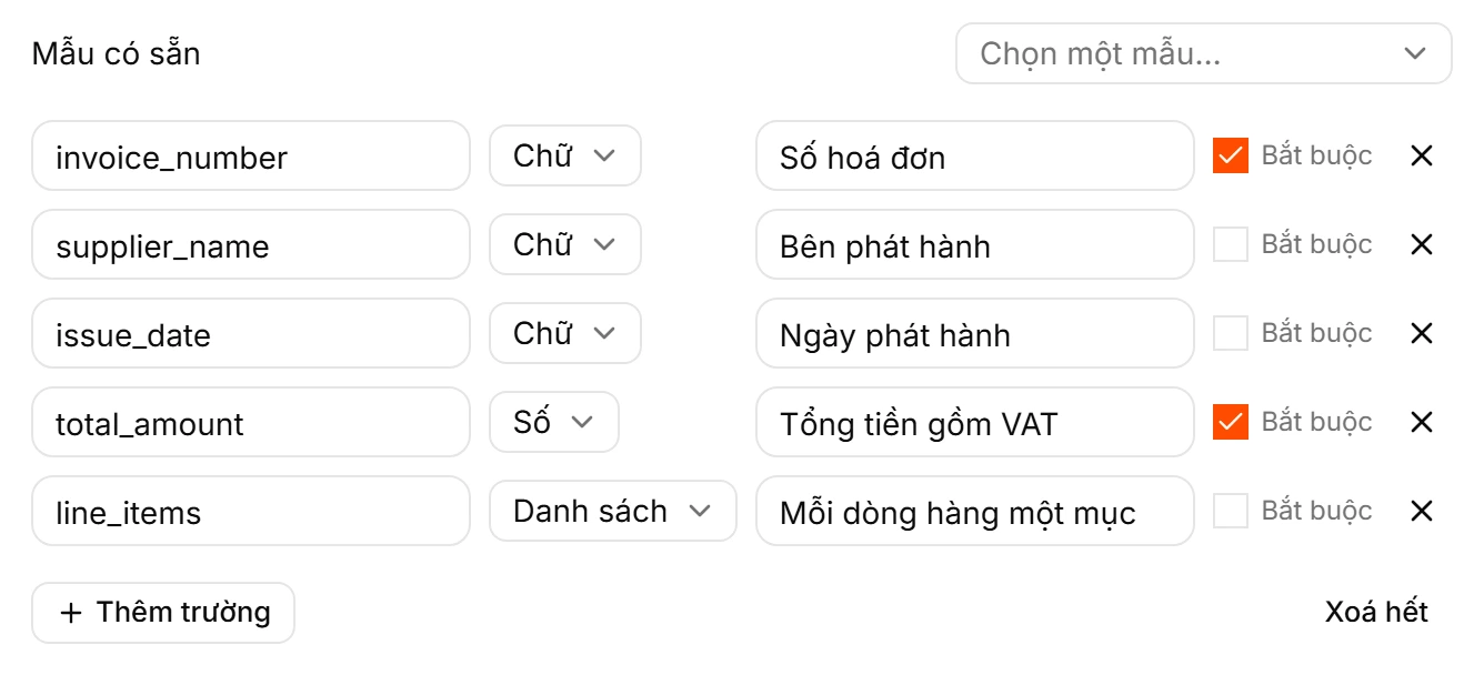Hộp thoại khai định dạng kết quả của OneKit, khai các trường invoice_number, supplier_name, issue_date, total_amount và line_items kèm kiểu dữ liệu.
